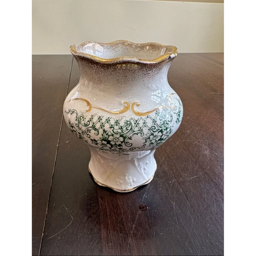 Vintage semi-porcelain brush jar vase with Green Scroll Transferware Pattern